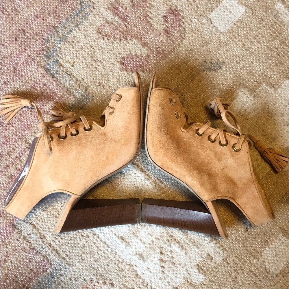 Club Monaco Mireva Suede Lace-up Open Toe Block Heel Sandals Tan Sz. 40